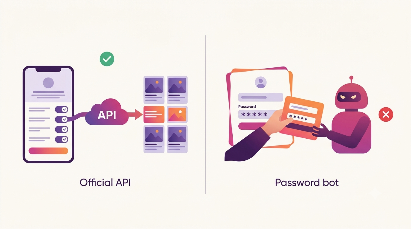 Diagram comparing safe Instagram tools using OAuth and the Graph API with risky tools that ask for your password