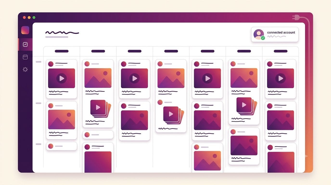 Generic Instagram scheduling tool interface showing a content calendar connected through the official API