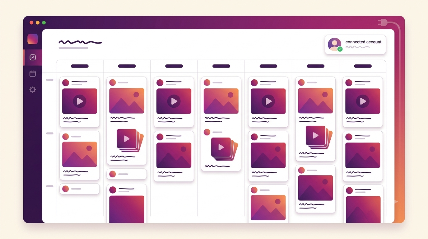 Generic Instagram scheduling tool interface showing a content calendar connected through the official API