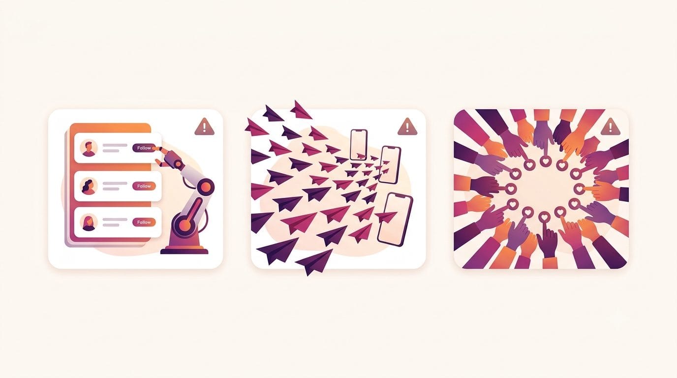 Warning illustration of risky Instagram automation categories including follow bots, mass DMs, and engagement pods