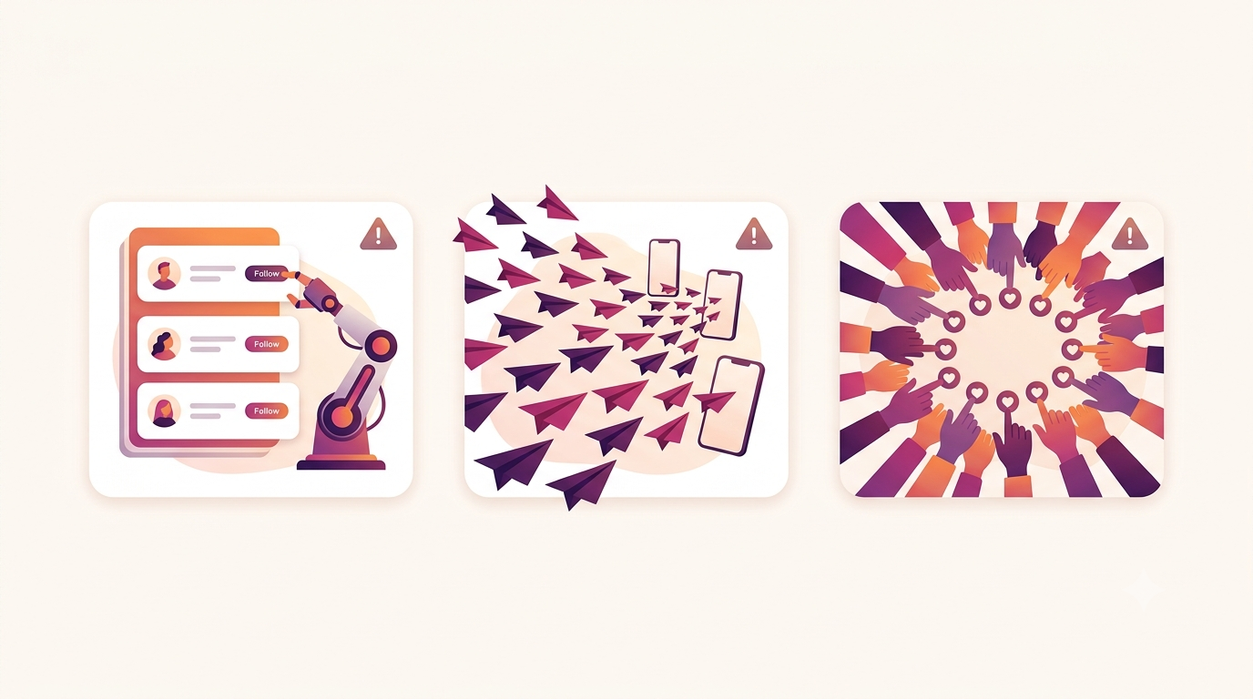 Warning illustration of risky Instagram automation categories including follow bots, mass DMs, and engagement pods
