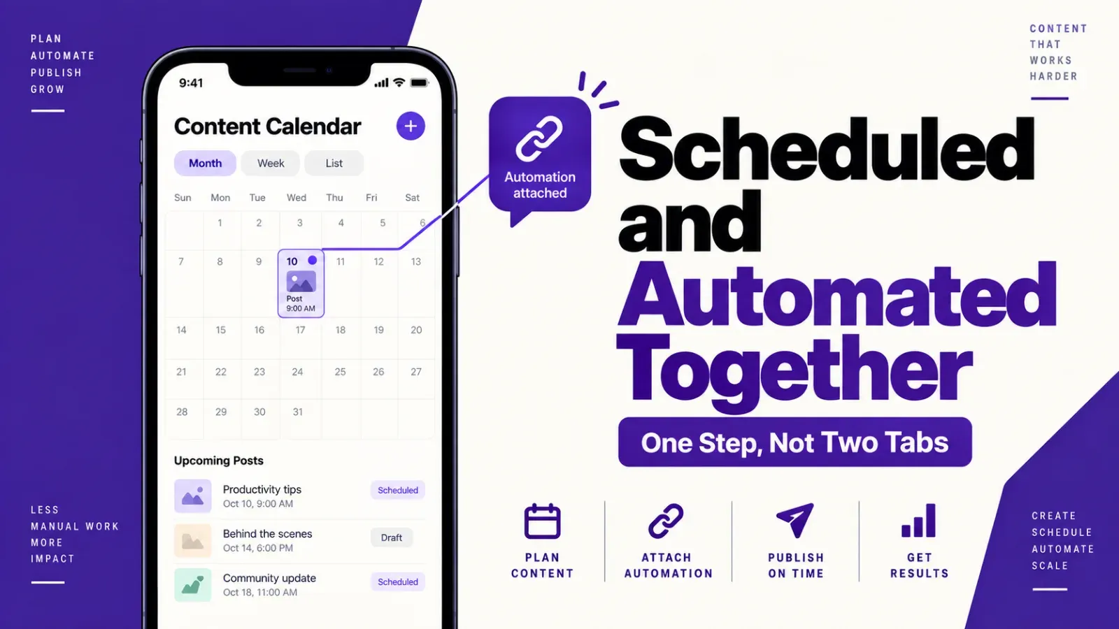 Illustration of a DM automation tool attaching to a scheduled Instagram reel at the moment of publishing Section: ReelDrop section