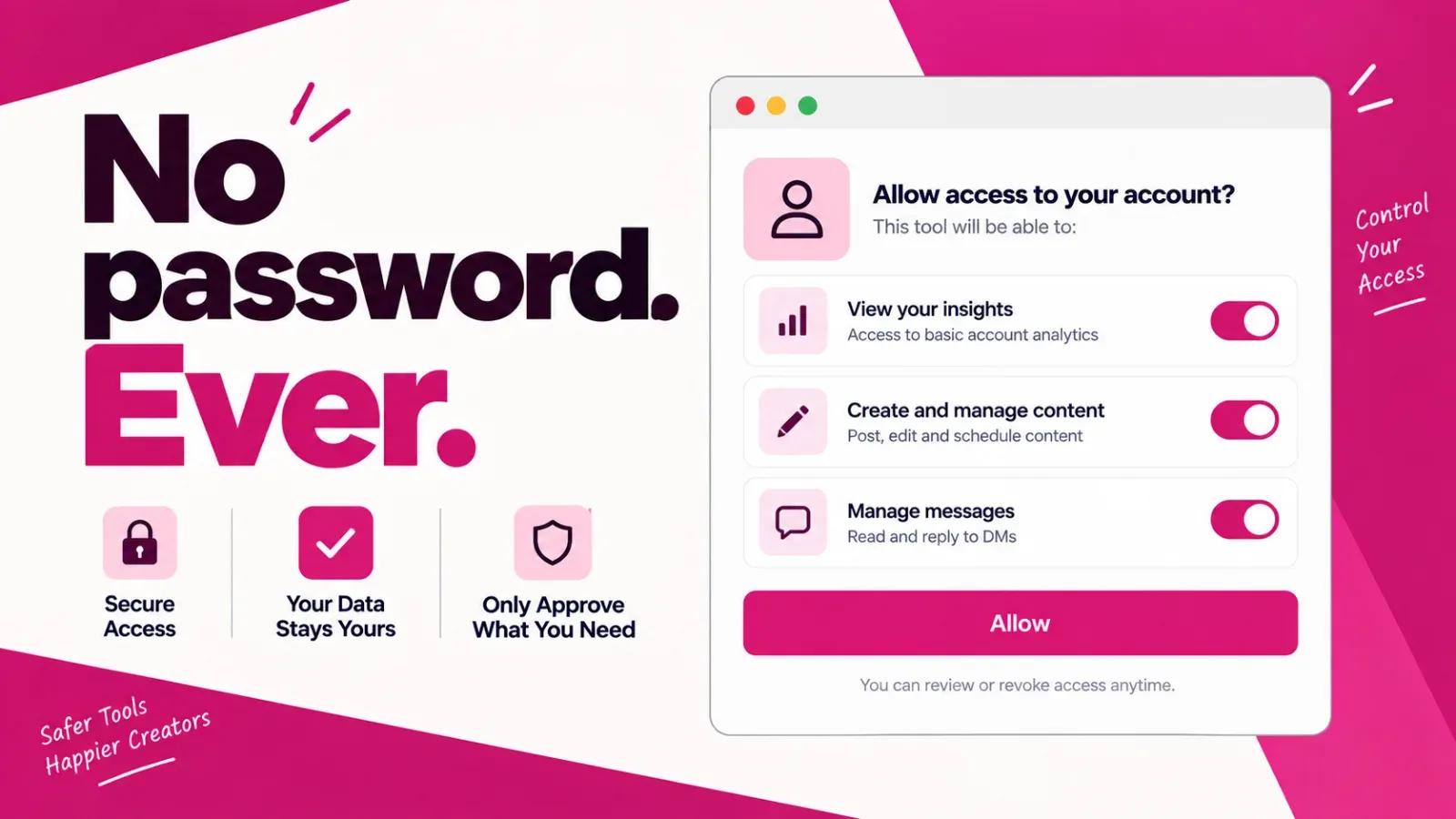 Diagram of the OAuth login flow that safe Instagram tools use instead of asking for a password
