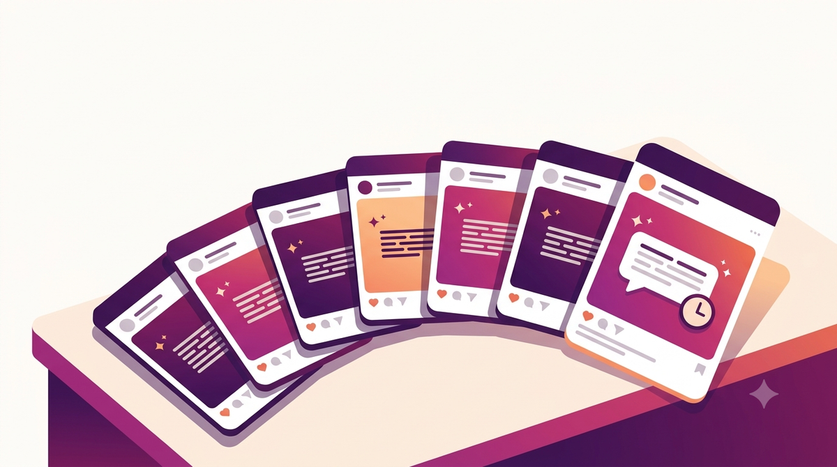 Seven AI Instagram caption generator tools compared side by side in a flat editorial illustration
