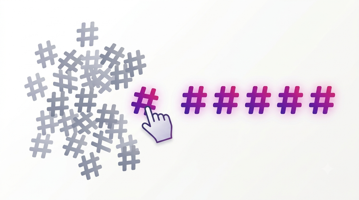 Five Instagram hashtags being selected from a discarded pile of thirty, illustrating the best Instagram hashtag generators in 2026