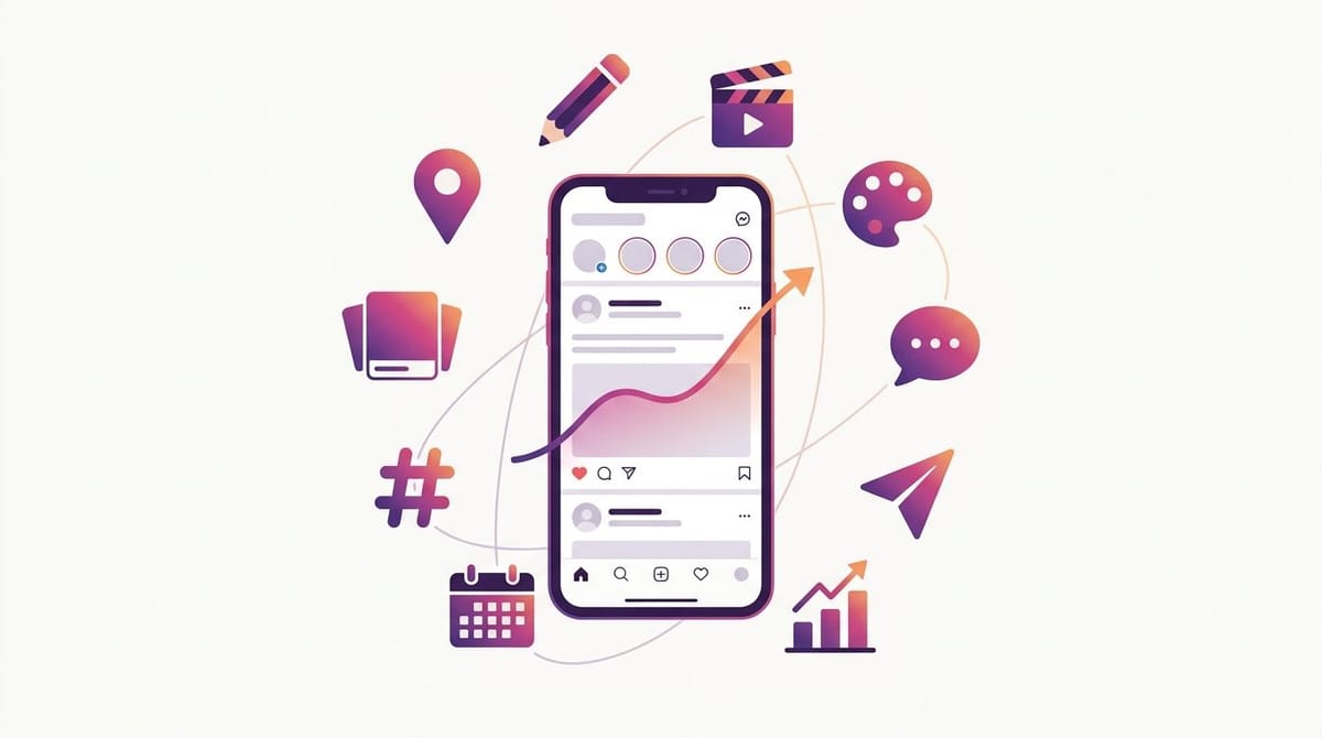 Illustration of ten AI tools for Instagram growth arranged as icons around a stylized phone showing an Instagram-style feed