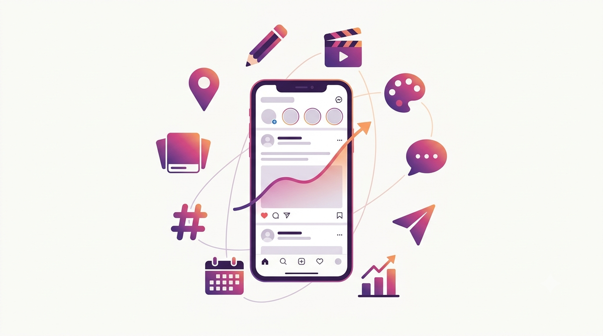 Illustration of ten AI tools for Instagram growth arranged as icons around a stylized phone showing an Instagram-style feed