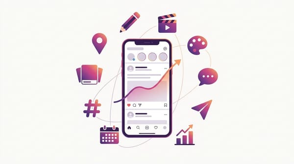Illustration of ten AI tools for Instagram growth arranged as icons around a stylized phone showing an Instagram-style feed