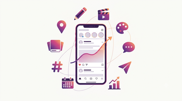 Illustration of ten AI tools for Instagram growth arranged as icons around a stylized phone showing an Instagram-style feed