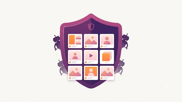 Illustration of a shield protecting an Instagram-style content grid, representing safe Instagram tools that won't get you banned