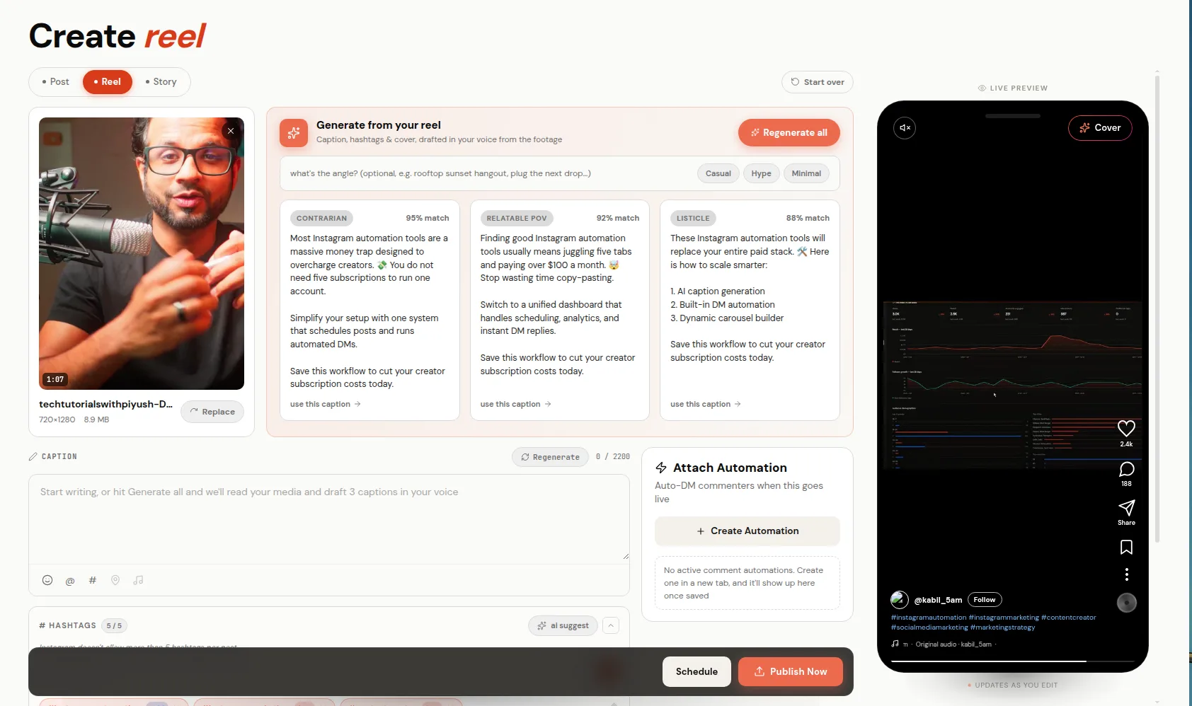 AI caption suggestions for an Instagram post in ReelDrop