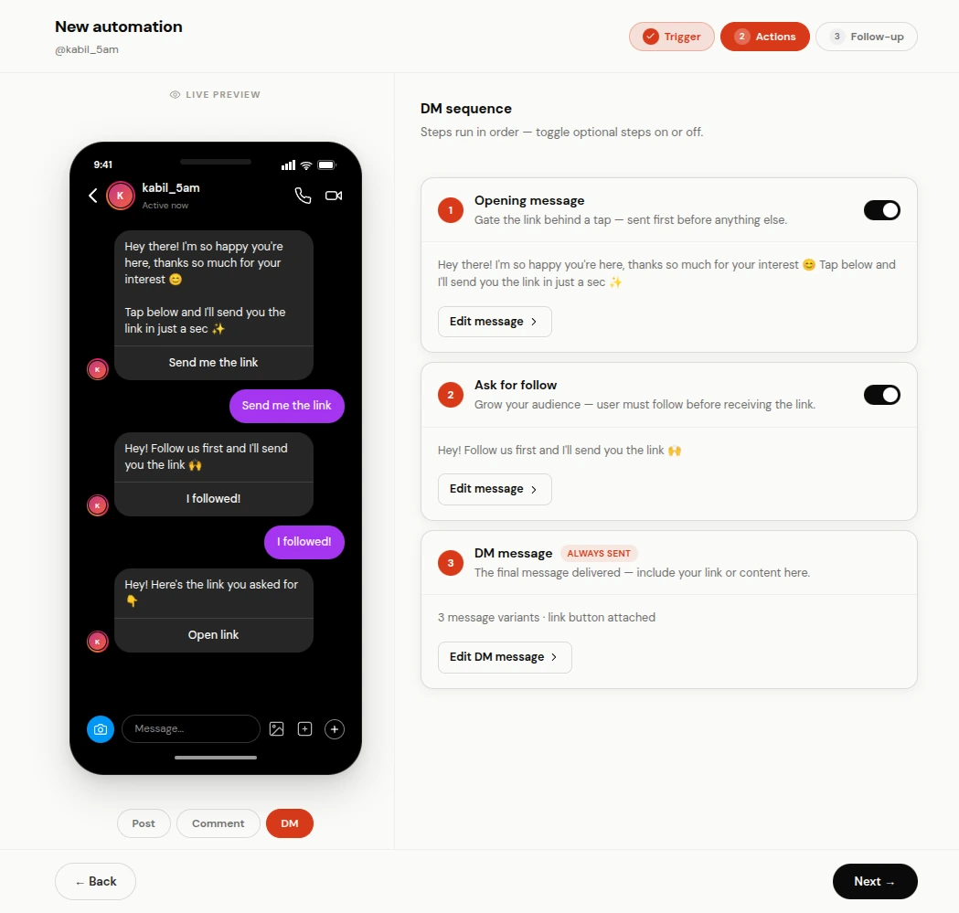 ReelDrop private DM editor with a link button and a live preview of the Instagram conversation