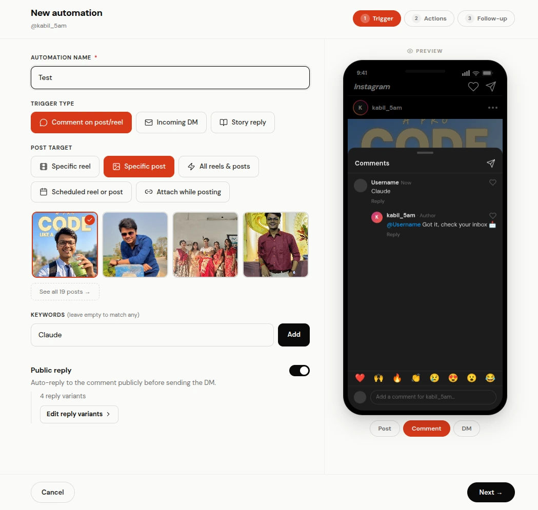 Public comment reply variants in ReelDrop