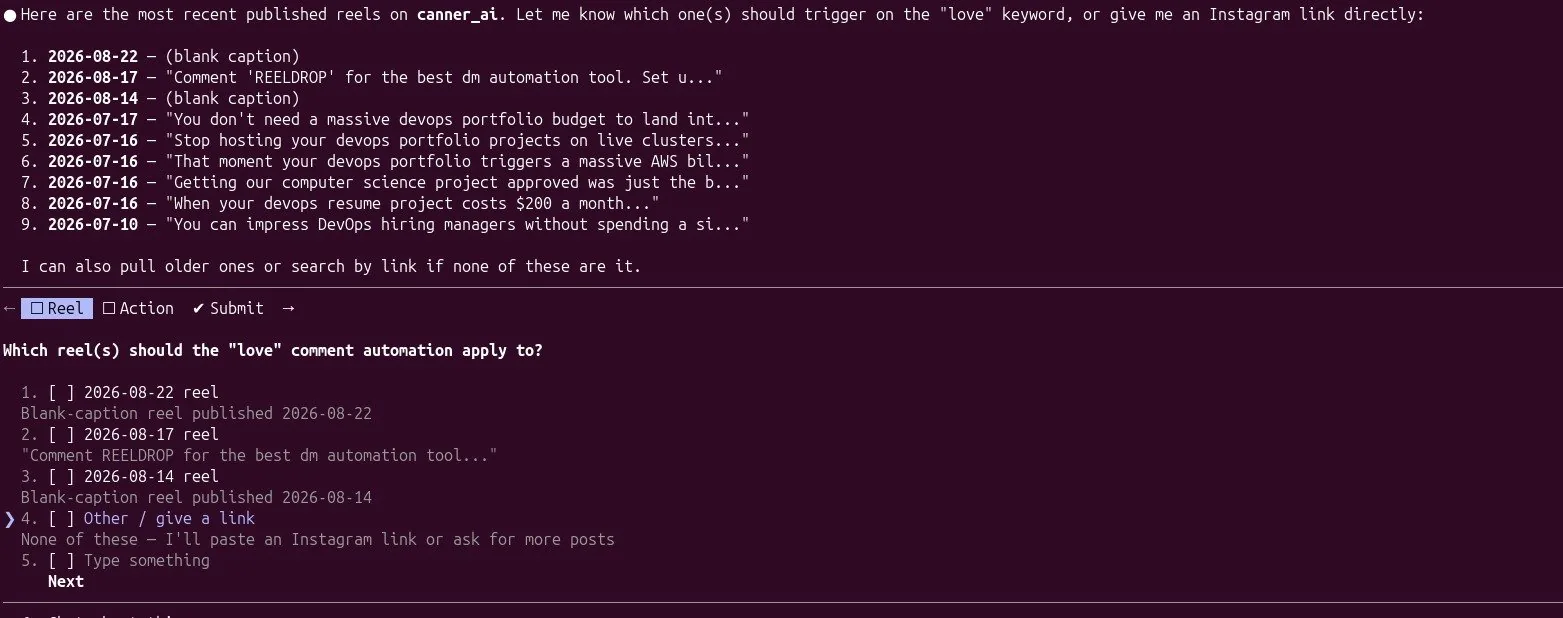 Claude listing recent reels and asking which one a keyword automation should apply to before creating it