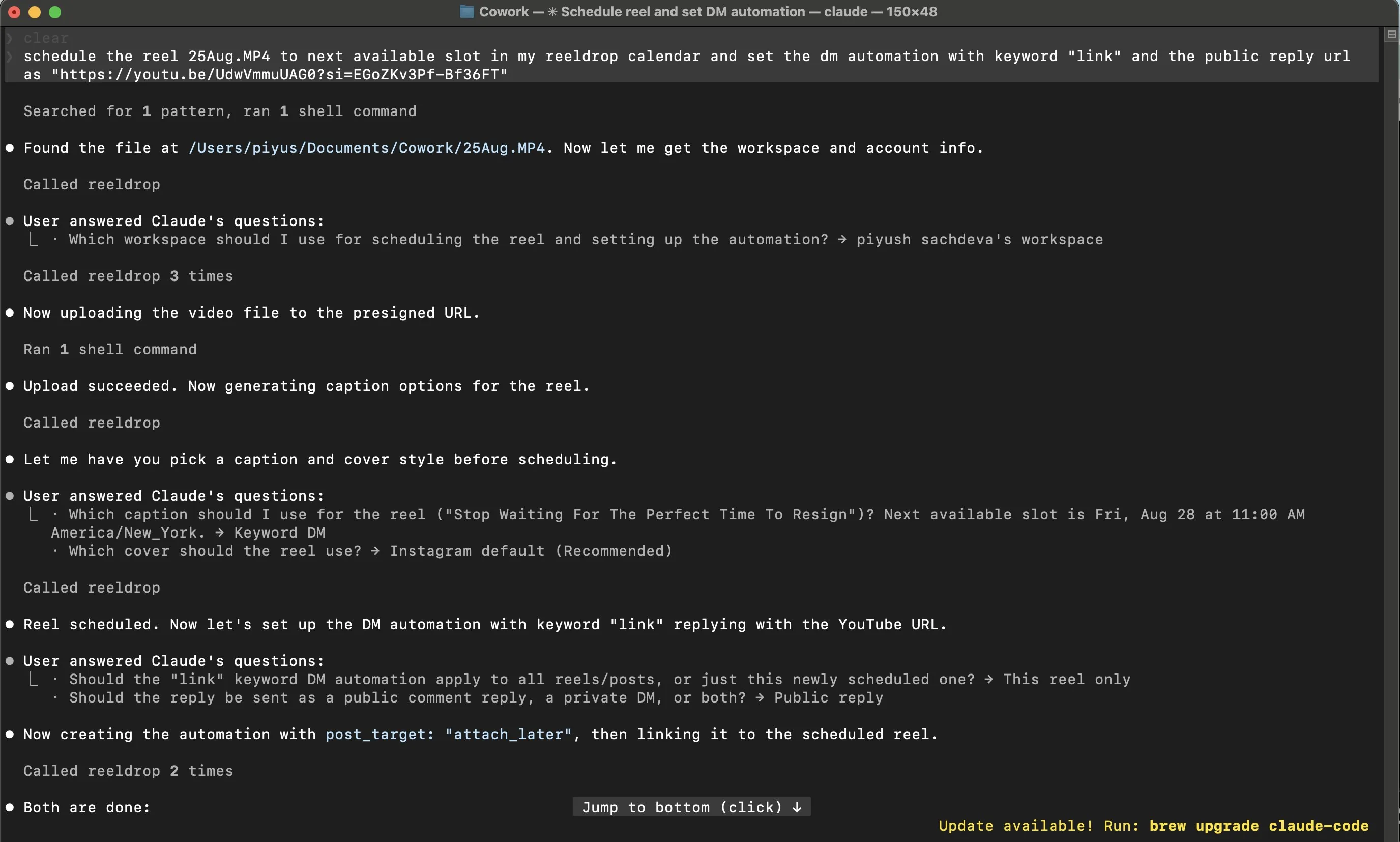 Claude Code scheduling an Instagram reel through the ReelDrop MCP server, including caption and cover questions