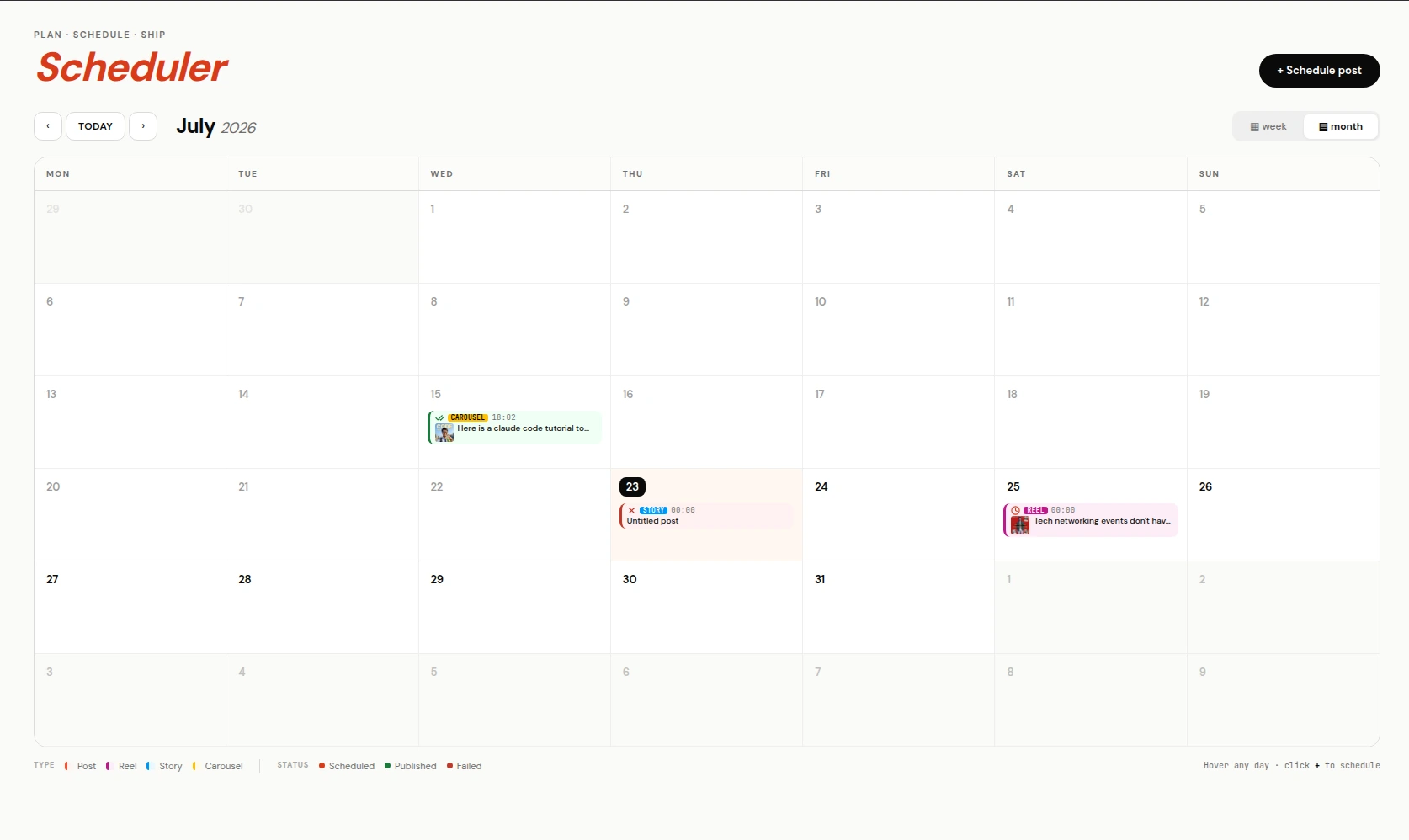 The ReelDrop calendar showing scheduled reels and carousels